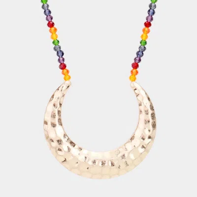 Fashnzfab Hammered Metal Moon Pendant Bead Long Necklace In Multi