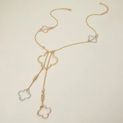 Fashnzfab Hammered Metal Open Quatrefoil Long Necklace In Multi