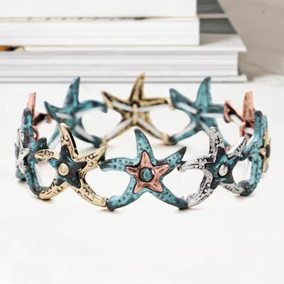 Fashnzfab Hammered Metal Starfish Stretch Bracelet - Patina Verdigris In Multi