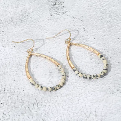 Fashnzfab Hammered Metal Stone Beaded Open Teardrop Dangle Earrings In Gold