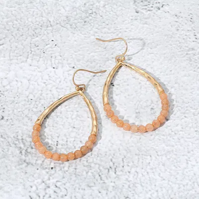 Fashnzfab Hammered Metal Stone Beaded Open Teardrop Dangle Earrings In Orange