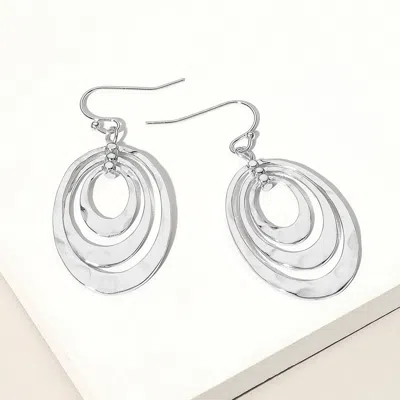 Fashnzfab Hammered Metal Triple Open Oval Layered Dangle Earrings - Rhodium In Silver