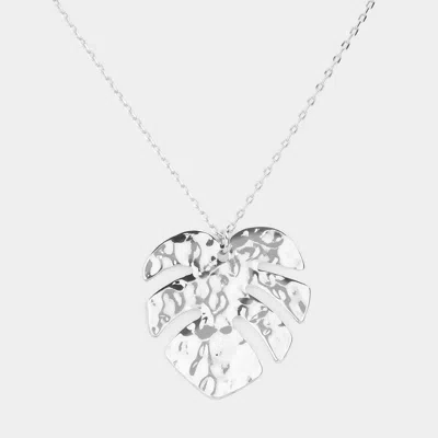 Fashnzfab Hammered Metal Tropical Leaf Pendant Necklace In Metallic