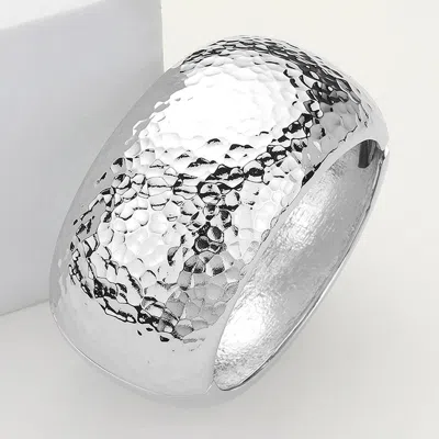 Fashnzfab Hammered Metal Wide Dome Hinged Bangle Bracelet Rhodium In Silver