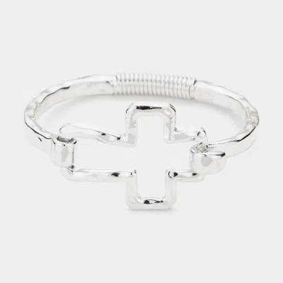 Fashnzfab Hammered Open Metal Cross Hook Bracelet Rhodium In Multi