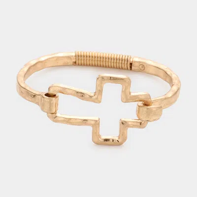 Fashnzfab Hammered Open Metal Cross Hook Bracelet Worn Gold In Multi