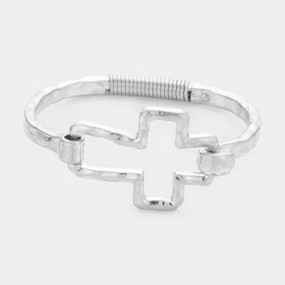 Fashnzfab Hammered Open Metal Cross Hook Bracelet Worn Silver In Multi