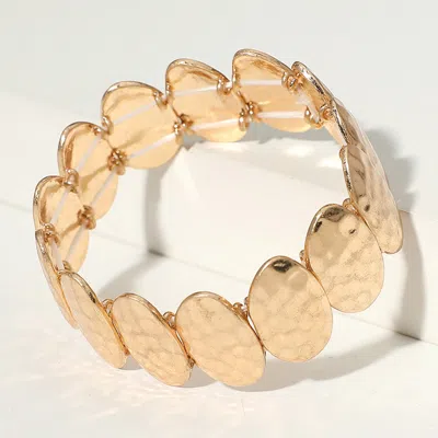 Fashnzfab Hammered Oval Metal Plate Beaded Stretch Bracelet Worn Gold In Multi