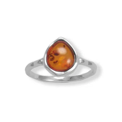 Fashnzfab Hammered Pear Baltic Amber Ring In Silver
