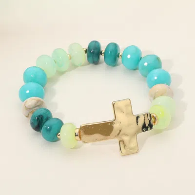 Fashnzfab Hammered Polished Metal Cross Accent Resin Flat Disc Beaded Stretch Bracelet In Blue