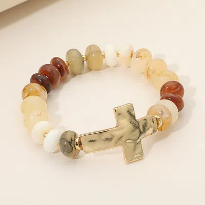 Fashnzfab Hammered Polished Metal Cross Accent Resin Flat Disc Beaded Stretch Bracelet In Multi
