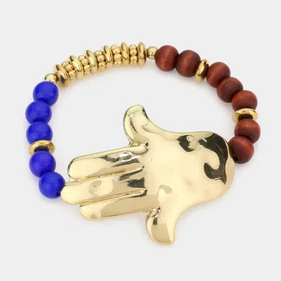 Fashnzfab Hamsa Hand Beaded Stretch Bracelet Blue, Brown, Gold