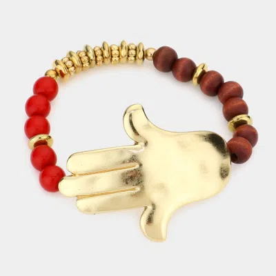 Fashnzfab Hamsa Hand Beaded Stretch Bracelet Gold, Red In Multi