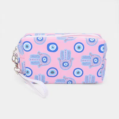 Fashnzfab Hamsa Hand Evil Eye Printed Pouch Bag With Wristlet In Pink