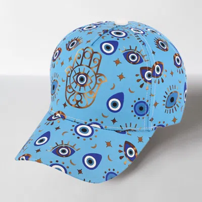Fashnzfab Hamsa Hand Pointed Evil Eye Pattern Printed Baseball Cap In Blue