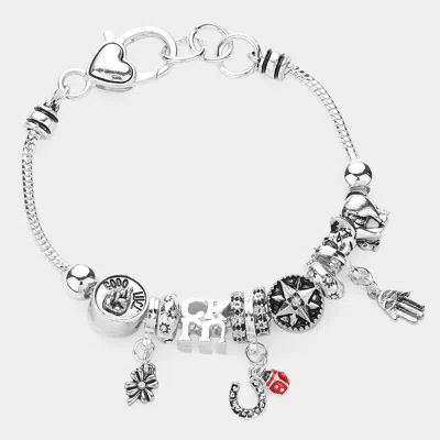Fashnzfab Hamsa Hand Wish Bone Charm Multi Bead Bracelet Clear, Worn Silver