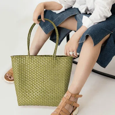 Fashnzfab Hand Made Basket Weave Tote Bag / Shoulder Bag In Green