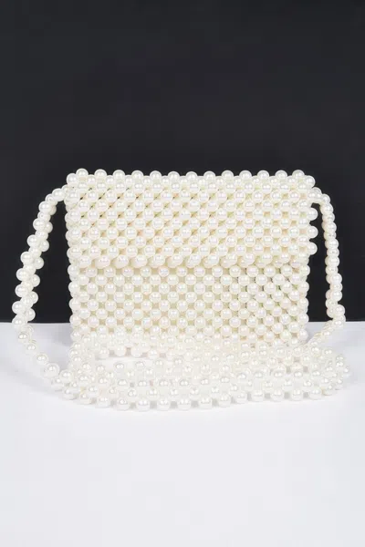 Fashnzfab Hand Made Faux Pearl Bead Flap Crossbody Bag In White