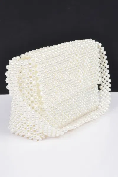 Fashnzfab Hand Made Faux Pearl Bead Flap Shoulder Bag In White