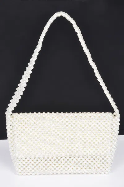 Fashnzfab Hand Made Faux Pearl Bead Flap Shoulder Bag In White