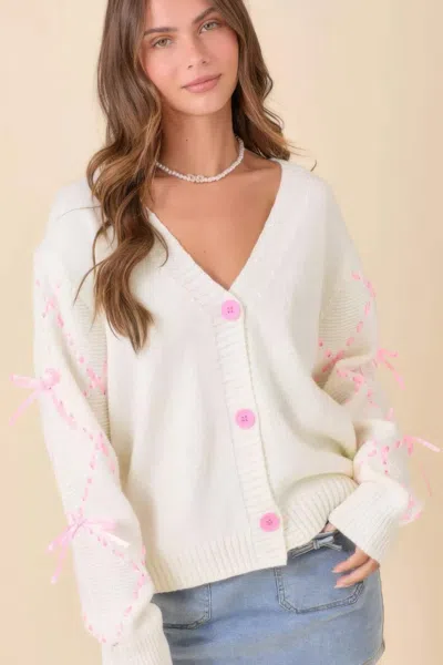 Fashnzfab Hand Sewn Satin Ribbon Detail On Sleeve Cardigan