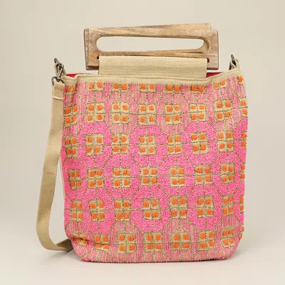Fashnzfab Handcrafted Beaded Boho Wooden Handle Tote / Crossbody Bag In Pink