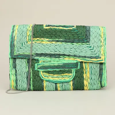 Fashnzfab Handcrafted Raffia Geometric Pattern Clutch Bag / Crossbody Bag In Green