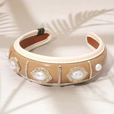 Fashnzfab Handmade Oval Pearl Vintage Frame Embellished Padded Headband In Gold