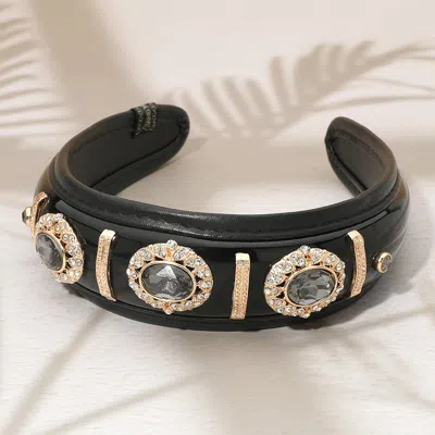 Fashnzfab Handmade Vintage Frame Oval Faceted Stone Embellished Padded Headband In Black