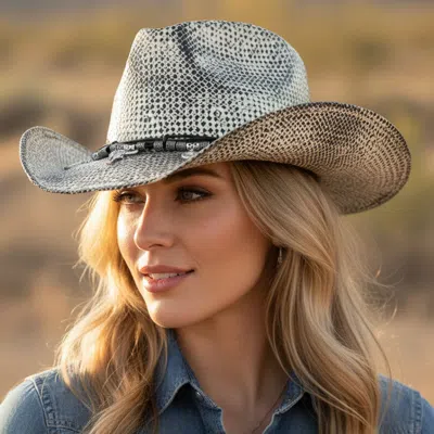 Fashnzfab Handmade Vintage Steer Head Cactus Horseshoe Charm Faux Leather Band Western Straw Cowboy Hat In Black