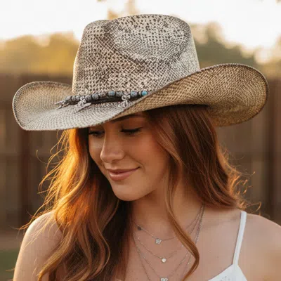 Fashnzfab Handmade Vintage Steer Head Cactus Horseshoe Charm Faux Leather Band Western Straw Cowboy Hat In Gray