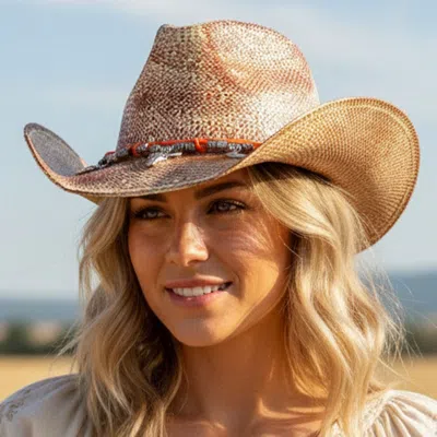 Fashnzfab Handmade Vintage Steer Head Cactus Horseshoe Charm Faux Leather Band Western Straw Cowboy Hat In Pink
