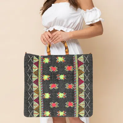 Fashnzfab Handwoven Embroidery Boho Pattern Bamboo Handle Tote / Crossbody Bag In Multi