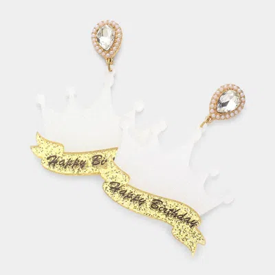 Fashnzfab Happy Birthday Glittered Resin Crown Dangle Earrings In White