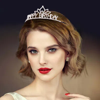 Fashnzfab Happy Birthday Rhinestone Paved Princess Tiara In Gold