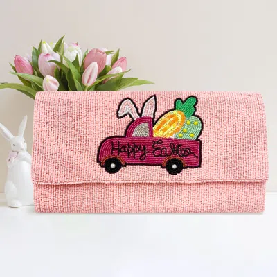 Fashnzfab Happy Easter Message Carrot Bunny Car Seed Beaded Clutch / Crossbody Bag In Pink