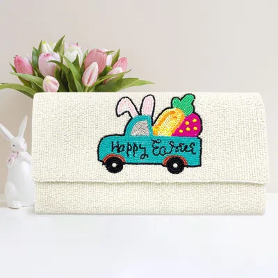 Fashnzfab Happy Easter Message Carrot Bunny Car Seed Beaded Clutch / Crossbody Bag In White