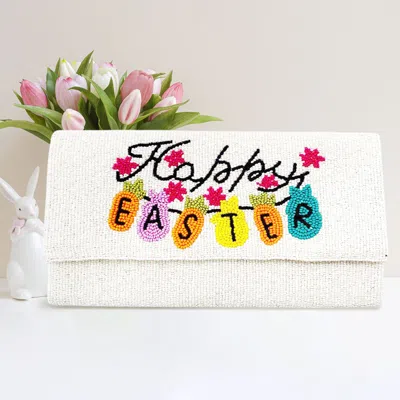 Fashnzfab Happy Easter Message Carrot Bunny Pointed Seed Beaded Clutch / Crossbody Bag In White