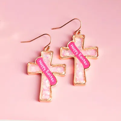 Fashnzfab Happy Easter Message Confetti Cross Dangle Earrings In Pink
