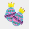 Fashnzfab Happy Easter Message Felt Back Seed Beaded Crown Egg Link Dangle Earrings In Blue