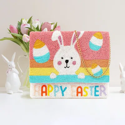 Fashnzfab Happy Easter Message Seed Beaded Easter Bunny Clutch / Crossbody Bag In Multi