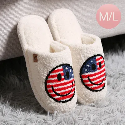 Fashnzfab Happy Face American Flag Print Soft Home Indoor Floor Slippers White M/l