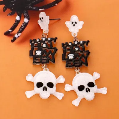 Fashnzfab Happy Halloween Message Glittered Resin Ghost Skull Link Dangle Earrings In White