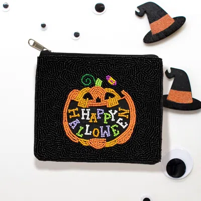 Fashnzfab Happy Halloween Message Pumpkin Seed Beaded Halloween Mini Pouch Bag In Black