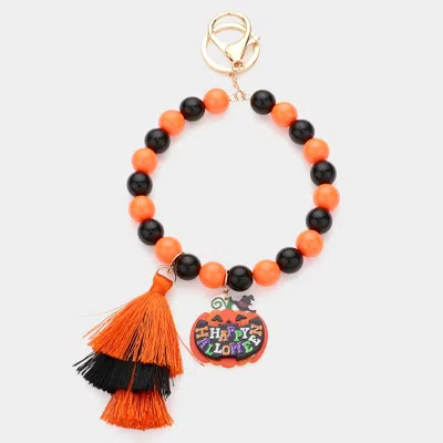Fashnzfab Happy Halloween Message Pumpkin Tassel Charm Beaded Keychain / Bracelet Orange
