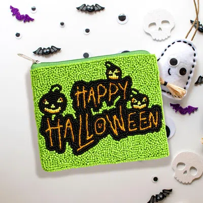 Fashnzfab Happy Halloween Message Seed Beaded Halloween Mini Pouch Bag In Green