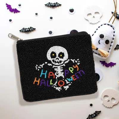 Fashnzfab Happy Halloween Message Skull Seed Beaded Halloween Mini Pouch Bag In Black