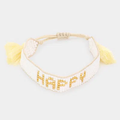 Fashnzfab Happy Message Beaded Tassel Adjustable Cinch Pull Tie Bracelet In White