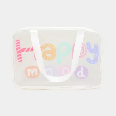 Fashnzfab Happy Mood Message Printed Translucent Mesh Divided Shoulder Bag / Tote Bag In White