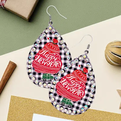 Fashnzfab Happy New Year Message Printed Stone Trimmed Metal Teardrop Dangle Earrings In Black